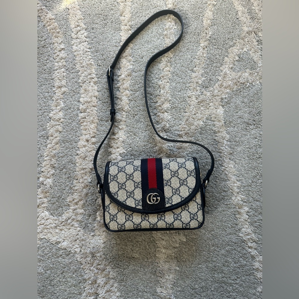 Gucci GG supreme monogram textured dollar calfskin mini Ophidia flap shoulder ba